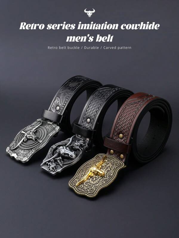 1 Piece Of Men's PU Material Belt, Western Cowboy Retro Belt, Men's Retro Style Imitation Belt, Unique Bull Head Buckle - Fashionable, Ideal Choice For Gift Giving Suitable For Teen Summer Casual Outdoor Athletic Or Vacation Travel Or Graduation Gifts Or Birthday Dress Accessories Or Daily Wear