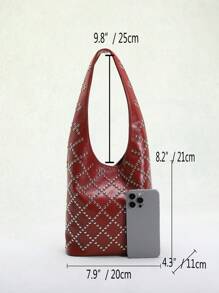 1件Sculptedstyle包，欧美朋克风手工双面全钻菱形铆钉镶嵌小众奢华水桶包，热门安哥拉勃艮第酒红、樱桃红，优雅女士腋下单肩包，商务办公使用，完美的情人节礼物 - 酒紅色 - 查看 2