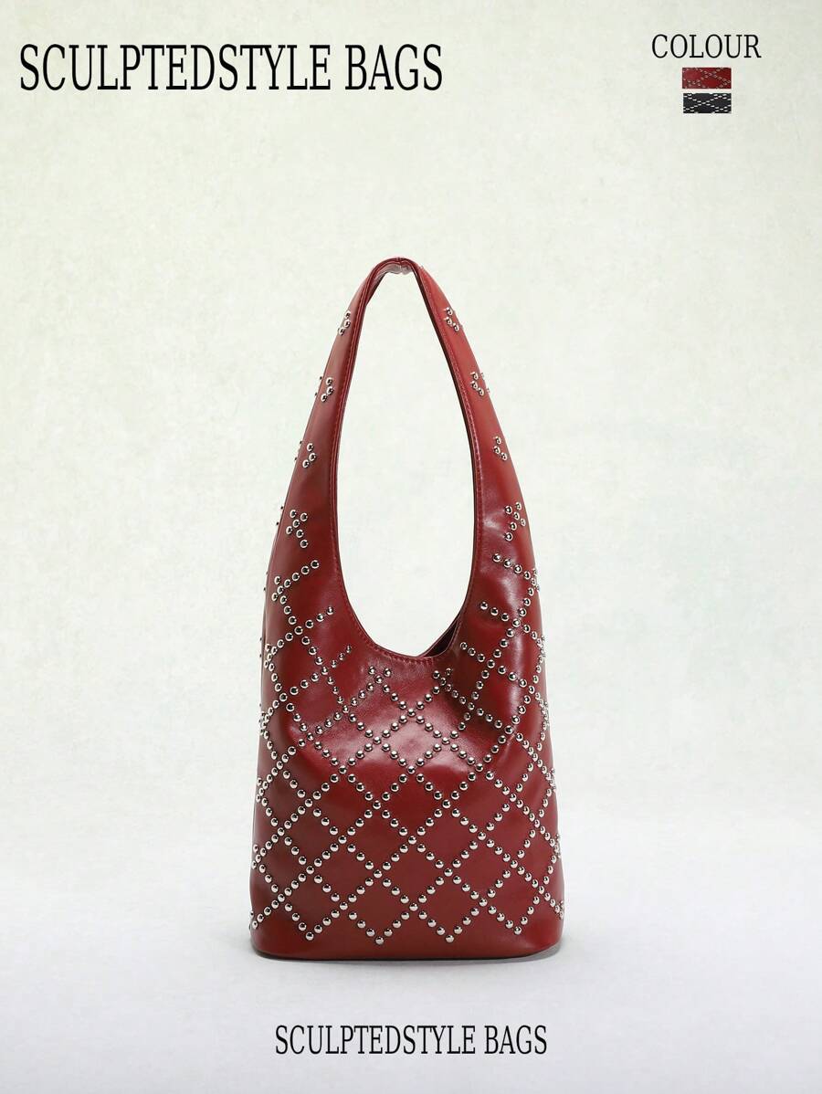 1件Sculptedstyle包，欧美朋克风手工双面全钻菱形铆钉镶嵌小众奢华水桶包，热门安哥拉勃艮第酒红、樱桃红，优雅女士腋下单肩包，商务办公使用，完美的情人节礼物 - 酒紅色 - 查看 1