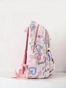 4 件春季返校青年背包。开季新款背包，可爱卡通心形粒纹字母，休闲套装，包括大容量背包、午餐盒、铅笔，适合日常使用、学校、旅行、随机印花图案尼龙材质拉链封闭大学生高中初中小学生和多口袋书包轻便便携拉链包装完美毕业生