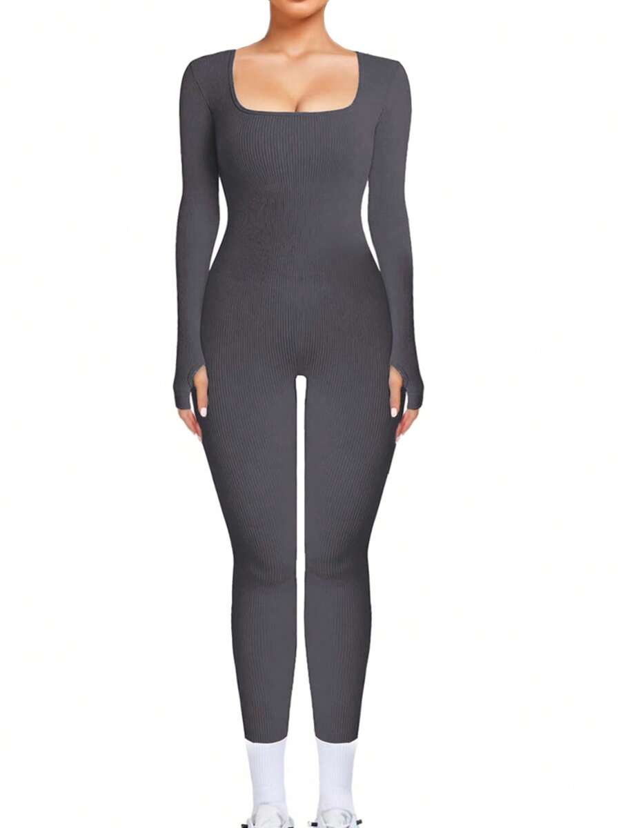 Women's Athletic Solid Color Seamless Long Sleeve Shaping Yoga Jumpsuit, Plain Slim-Fitting Thumb Holes U Neck Butt-Lifting Shapewear, Basic Sportswear - 深灰色 - 查看 1
