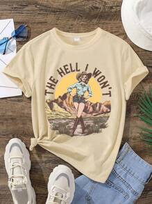 Camiseta informal con cuello redondo y manga corta con logotipo y eslogan estilo vaquero occidental, nuevo estilo para primavera y verano, para adolescentes