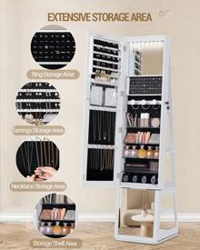 Hzuaneri 16 LEDs Jewelry Cabinet Armoire With 360° Rotating Base, 63" Standing Jewelry Organizer, Lockable Full-Length Mirror, 4-Tier Storage Shelves, 4-In-1 Multifunctional - Black - View 4