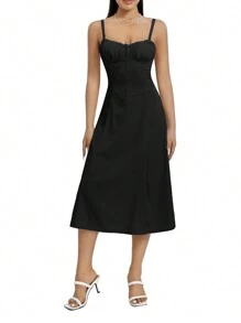 Women Summer Dress Solid Color Sleeveless Bandage Party A-Line Dress For Cocktail Nightclub Beach - 黑色 - 查看 9
