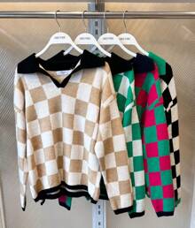 Checkered Print Sweater - Comfortable - Checkered - Retro - Casual - Soft - Short - Relaxed - Versatile - Modern - Elegant