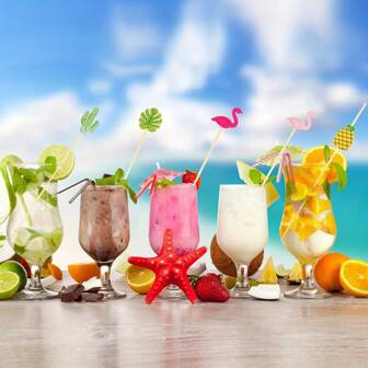 100pcs Appetizer Sticks, 4.7" Fruit Picks Pearl Edged Flamingo Sticks For Summer Tropical Party, Hawaiian Theme Party Supplies