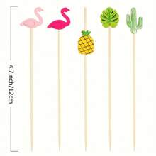 100 支开胃菜棒，4.7 英寸水果签珍珠边火烈鸟棒，适用于夏季热带派对、夏威夷主题派对用品