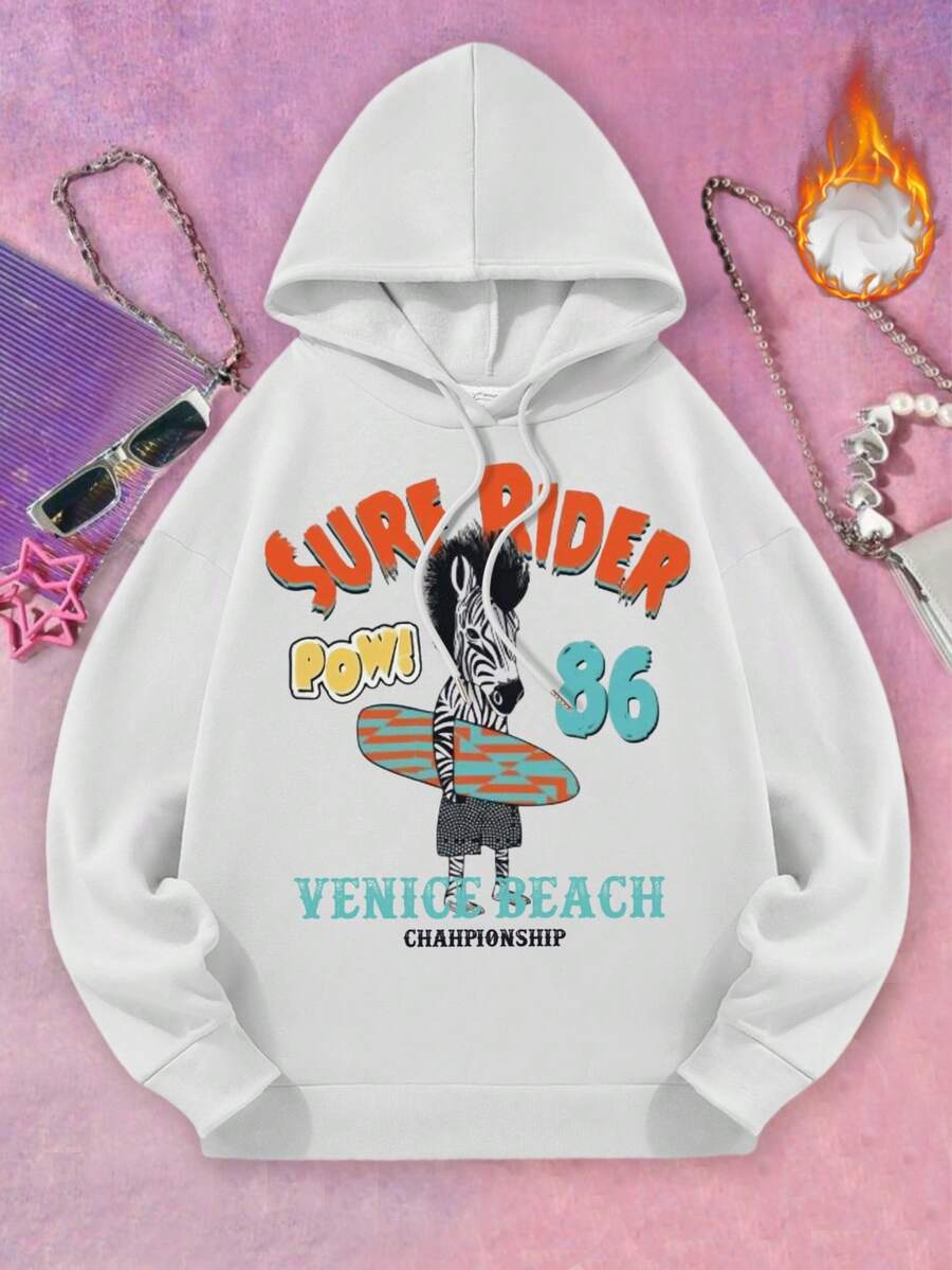 Sudadera con capucha blanca oversized y casual de mujer con gráfico de cebra y estampado colorido de letras, forro térmico cálido, diseño con cordón, adecuada para clima frío