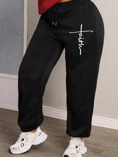 1 Women's Plus Size Sweatpants Casual Exercise Fashion Comfortable Running Home Soft Warm Display Curved Sweatpants Black Simple Letter Faith Print Design