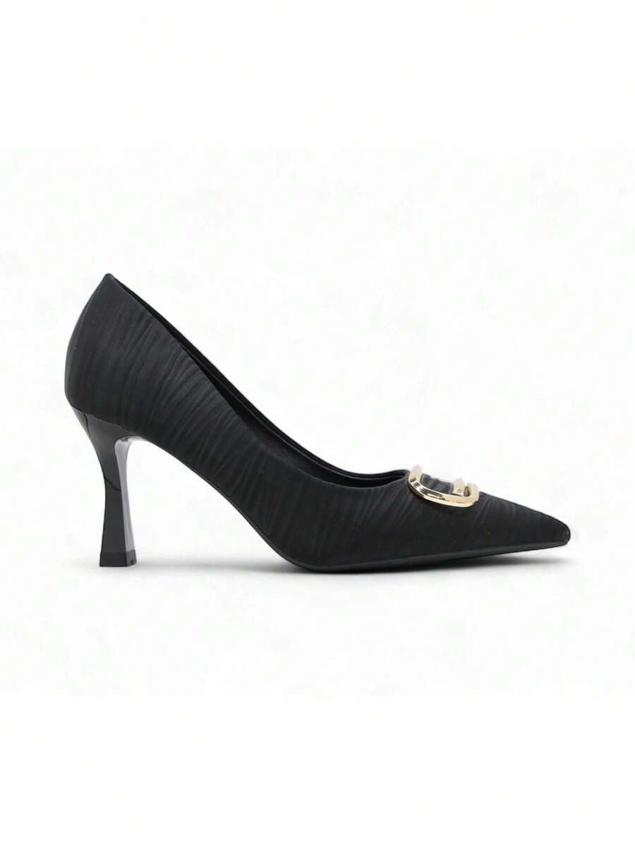 Scarpe con tacco alto, punta affusolata, finitura in raso, tacco sottile, adatte per matrimoni e feste, scarpe con tacco alto eleganti - nero - Visualizzare 1