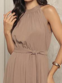 Tres Maria Women's Plain Long Dress High Neck With Belt - 薑色 - 查看 4