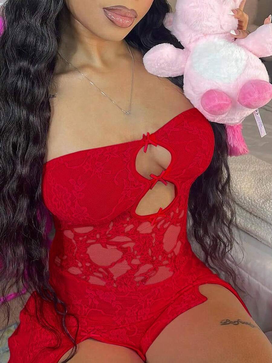 女士蕾丝拼接可爱蝴蝶结甜美情人节聚会性感迷你镂空开衩辣妹连衣裙