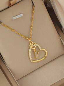 2025 Valentine's Day Heart Charm Necklace, 26 English Letter Necklace With Zirconia, Versatile Heart-Shaped Pendant Necklace For Women, Stainless Steel Jewelry Valentines