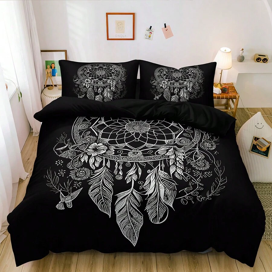 2/3pcs 3D Black And White Flower Dream Catcher Print Duvet Cover Set Black Series Bedding Set Cozy Bedroom Decor (Size 135x200 Only 1 Pillowcase)