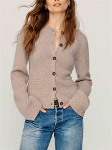 Women's Solid Color Cardigan Long Sleeve Crew Neck Button Down Sweater Knit Tops With Pockets - Khaki - View 4