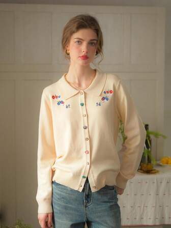 Simple Retro Women's Spring Peter Pan Collar Contrast Color Embroidered Lace Patchwork Apricot Elegant Retro Fitted Long Sleeve Cardigan
