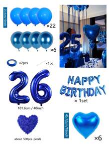 540 个蓝色生日快乐气球横幅，40 英寸（约 101.6 厘米）聚酯薄膜铝箔数字气球，蓝色心形气球，假蓝色玫瑰花瓣，适合女士、男士、生日派对装饰、蓝色主题派对家居装饰 - 寶藍色 - 查看 29