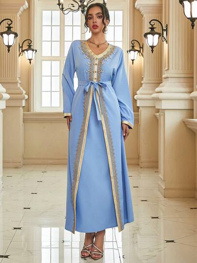 Women's Arabic Style Robe, Ramadan Robe With Belt, Fashionable Loose Contrast Color Metallic Fringe Hem Handwork Rhinestone Decor Long Sleeve Maxi Gown