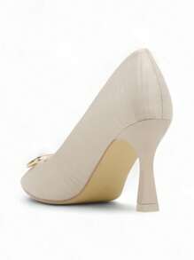 Pointed-Toe Satin High Heels Pumps With Buckle, Formal Occasion Stylish High Heels - Beige - View 4