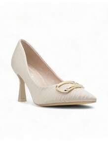 Pointed-Toe Satin High Heels Pumps With Buckle, Formal Occasion Stylish High Heels - Beige - View 2