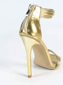 女士时尚高跟凉鞋 - 金属PU皮革四合一设计,细带、平带、绑带、后拉链、细环绕绑带、金属框架方头、镀金细跟,夏季户外常规金色高跟凉鞋,细高跟 - 金色 - 查看 8