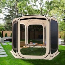 Screen House Tent Pop-Up,Screen House Gazebo,4-6 Person Pop Up Screened Canopy Tent With Mosquito Netting Sides, Portable Screen Room Canopy Instant Screen Tent 10 X 10 FT With Carry Bag For Patio, Backyard, Deck & Outdoor Activities Instant UV Resistant Sun Shelter For Garden, Patio, Backyard For Outdoor Events, Soccer, Football, Softball, And Fishing - Beige - View 3