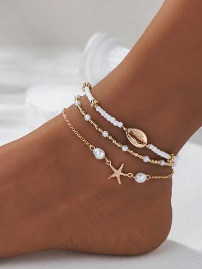 3pcs/Set Summer Beach Style Metal Starfish & Shell Beaded Glass Anklet Set For Women