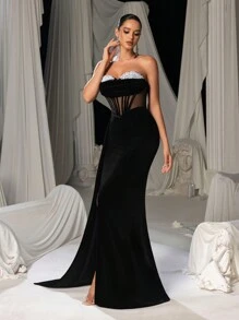 Faeriesty Elegant Pearls Embellished Bodice Draped Side Velvet Party Tube Dress, Wedding Guest Dress, Formal Dress, Evening Dress