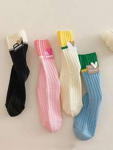 4 双女士多巴胺彩色袜子，撞色心形图案罗纹彩色舒适时尚百搭中筒袜，适合日常穿着，秋季袜子