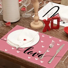 1pc/4pcs/6pcs Pink Heart Shape Placemats, I Love You Linen Woven Table Mats, Heat Resistant, Square, Machine Washable, Home And Dining Decoration For Valentine's Day