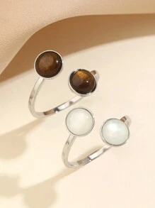 Bộ 2 chiếc nhẫn hở bằng thép không gỉ kiểu cổ điển đính đá mắt mèo màu hồng và xanh lá cây, thích hợp cho nữ giới đeo hàng ngày hoặc làm quà tặng. - Bạc - Xem 20