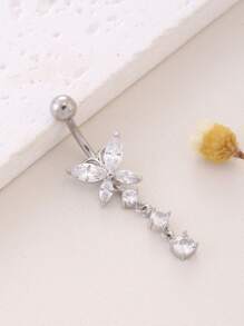 1pc Butterfly Zirconia Copper Navel Ring, Simple Stainless Steel Bar Body Piercing Belly Button Ring, Suitable For Women Wearing And Gifting - Silver - View 6