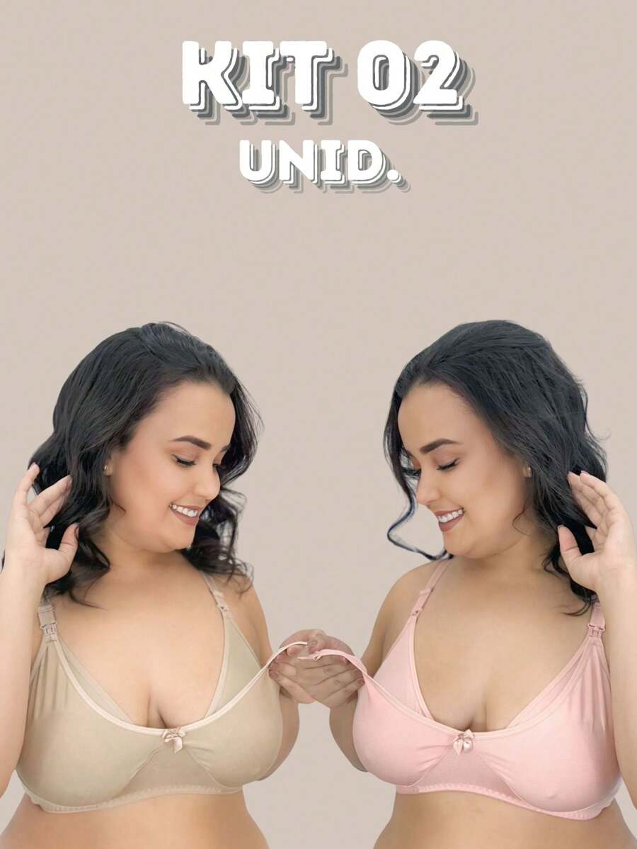 KIT 02 Plus Size Nursing Bras With Easy Open Straps, Reinforced Microfiber, Pregnant Women. NUDE/ROSE - Multicolor - View 1