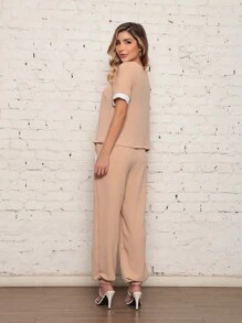 Women's Two-Tone Dune Fabric Suit With Long And Short Sleeves - Màu Khaki - Xem 2