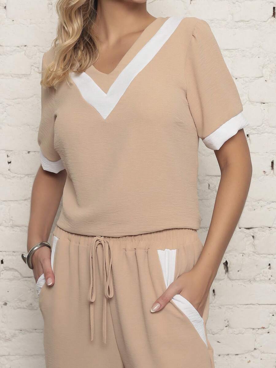 Women's Two-Tone Dune Fabric Suit With Long And Short Sleeves - Màu Khaki - Xem 1