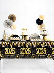 1件 2025新年快樂塑膠桌布，一次性彩色煙火PE桌布，2025新年快樂居家派對裝飾防水餐桌布，節日桌飾 - 黑金色 - 查看 7