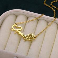 Personalisierte Edelstahl Rosenblumen Namenskette, romantische Herz-Schrift-Halskette, perfektes Geschenk für sie, Damen Hochzeitsschmuck