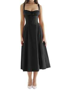 Women Summer Dress Solid Color Sleeveless Bandage Party A-Line Dress For Cocktail Nightclub Beach - 黑色 - 查看 1