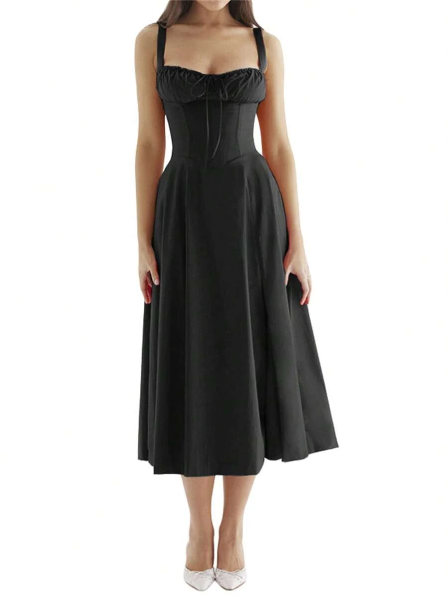 Women Summer Dress Solid Color Sleeveless Bandage Party A-Line Dress For Cocktail Nightclub Beach - 黑色 - 查看 1