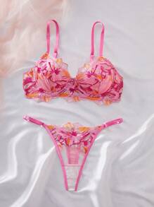 Style Dream 2pcs Rose Red Floral Embroidered Mesh Lace Supportive Lingerie Bra & Panty Set, Romantic For Valentine's Day & Honeymoon, Spring/Summer Ultrathin Bra - Hot Pink - View 3