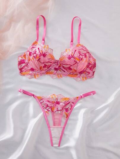 Rose Rood Bloemen Geborduurde Mesh Kanten Supportive Lingerie BH Slipje Set, Romantic Ultrathin view 3