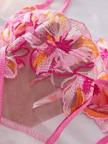 Style Dream 2pcs Rose Red Floral Embroidered Mesh Lace Supportive Lingerie Bra & Panty Set, Romantic For Valentine's Day & Honeymoon, Spring/Summer Ultrathin Bra - Hot Pink - View 5