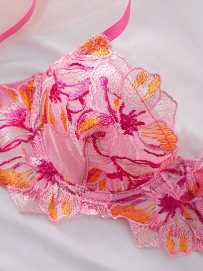 Rose Rood Bloemen Geborduurde Mesh Kanten Supportive Lingerie BH Slipje Set, Romantic Ultrathin view 2