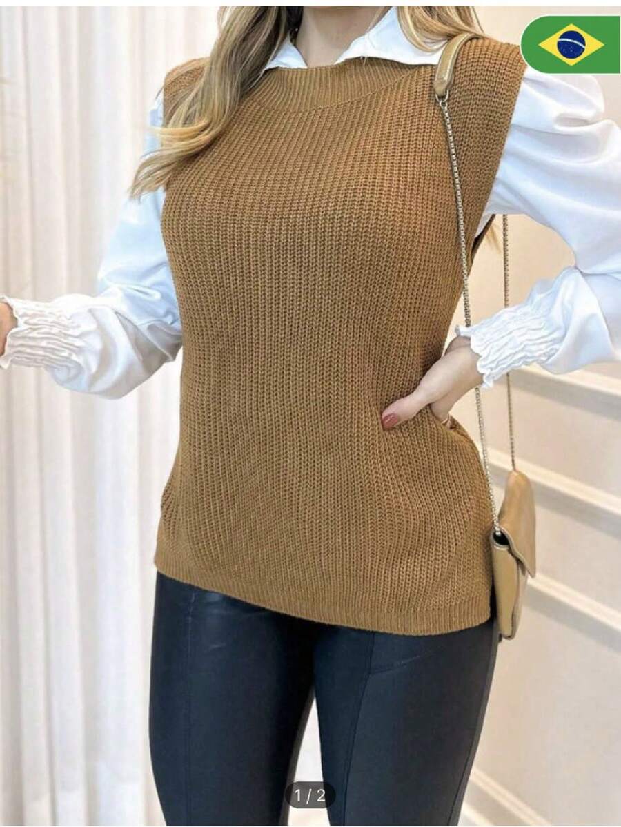 WOMEN'S FASHION LONG PLAIN LINEN KNITTING - Brown - View 1