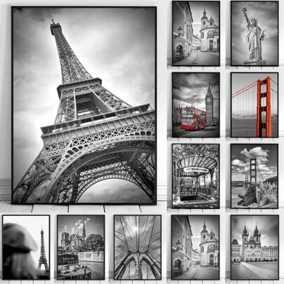 1pc Wall Arts Posters Travel Black And White Beautiful Cities New York London Paris Eiffel Tower Photography Art Posters Canvas Paintings Fashion Home Decoration Murals, Frameless
