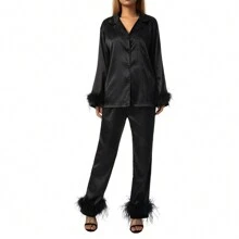 Women's Sleepwear, Feather Decoration Long Sleeve Button-Down Lapel Collar Tops + Pants Pajamas Set - Black - View 5