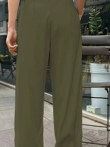 Women's Solid Color Pleated Straight Leg Casual Pants - Army Green - View 4