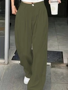 Women's Solid Color Pleated Straight Leg Casual Pants - Army Green - View 2