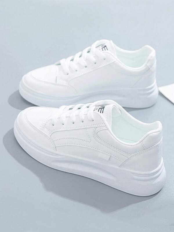 Women Thick Sole Lace-Up Casual Sneakers, Fashionable White Platform Shoes, Waterproof, Suitable For Spring And Autumn