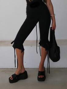 Women Capri Pants Solid Color Elastic Waist Tie-Up Summer Casual Cropped Pants Stretch Crop Leggings - 黑色 - 查看 4